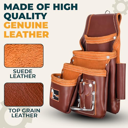 Daisy Leather Tool Bag Pro 505 Premium Leather Oil Tanned 13 Pockets with Speed Square Pocket Multi-Purpose Tool Organizer for Handyman Carpenter Electrician Construction Farmers X-Large… - color: Cherry