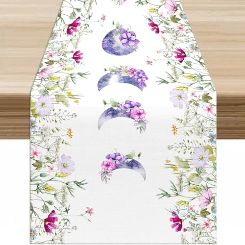 Moon Phase Flower Table Runner,Vintage Rustic Fantasy Nature Plant Flower Leaf Purple Moon Tabletop Restaurant Dining Kitchen Wedding Party 13x36 Inch - color: Moon Style-10, size: W13X L36