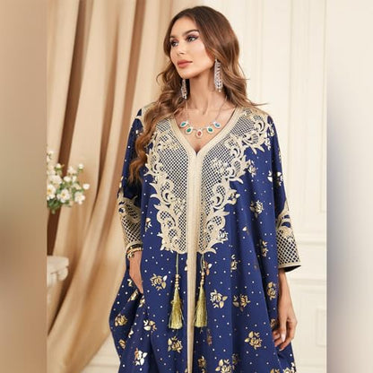 IDOPIP Abayas for Women Muslim Ramadan Dress Long Sleeve Floral Maxi Moroccan Kaftan Dress Loose Islamic Dubai Pakistani Robe - color: Dark Blue
