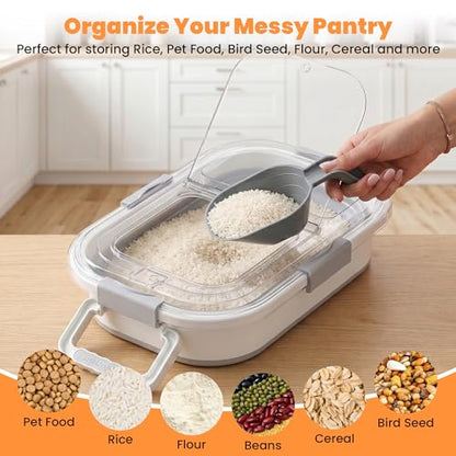 30 Lbs Rice Storage Container with Wheels, Collapsible Airtight Food Storage Container with Transparent Lid, Measuring Cup, Scoop, Handle, BPA Free Rice Holder for Pet Food, Grain, and Bird Seed - color: Grey/23-30lbs