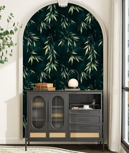 Dark Green Gold Bamboo Leaves Peel and Stick Wallpaper 17.5" x 118" | Self-Adhesive, Removable Waterproof Contact Paper for Bedroom, Bathroom, Cabinets, Accent Wall, Laundry Room - color: Teal Green/Gold, size: 17.5" x 118"