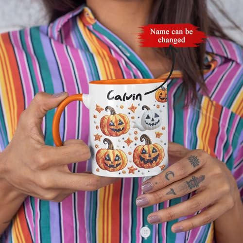 Personalized Sparkling Halloween Stickers Full Wrap Mug, Customized Name Coffee Cup 11oz 15oz, Customized Halloween Ghost And Pumpkin Ceramic Mug, Festive Autumn White Cup For Family - color: XUA-1124-3651-Halloween Mug