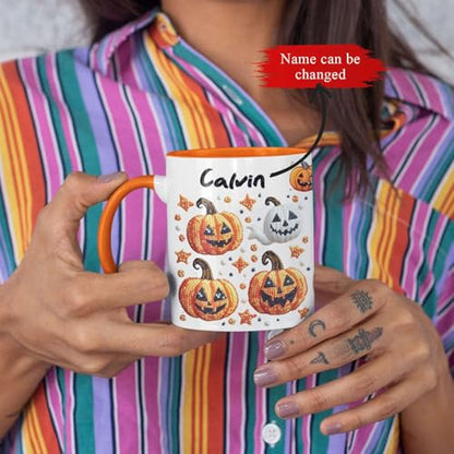 Personalized Sparkling Halloween Stickers Full Wrap Mug, Customized Name Coffee Cup 11oz 15oz, Customized Halloween Ghost And Pumpkin Ceramic Mug, Festive Autumn White Cup For Family - color: XUA-1124-3651-Halloween Mug