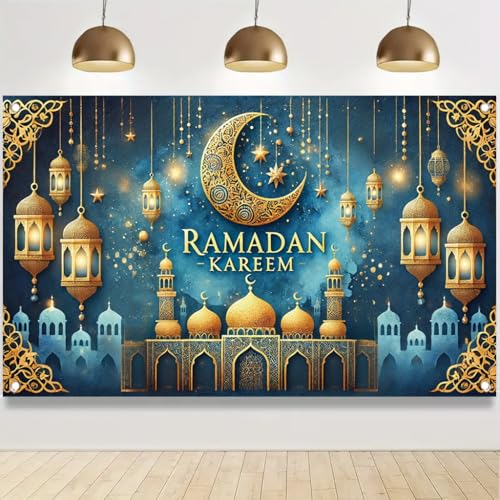 Ramadan Kareem Banner 71x43 Inch Gold Mosque Crescent Moon Lantern lslamicDecoration for Eid Mubarak Ramadan Festival Indoor Outdoor Decor - color: Style 2