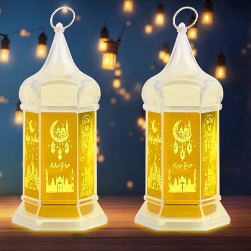 Hying 2 Pieces Ramadan Lanterns Decoration Islamic Holiday Hanging Lamp Eid Mubarak Flameless Candle Lanterns Ramadan Eid-ul-fitr Gift Lamp for Tabletop Decor - color: Style 1: Golden Lantern