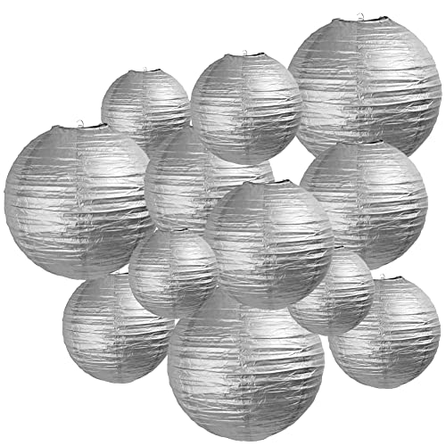 Silver Paper Lanterns 12 Pcs Assorted Size of 6" 8" 10" 12" Chinese Round Paper Hanging Decorations Ball Lanterns Lamps for Home Decorations, Parties, and Weddings - color: Silver