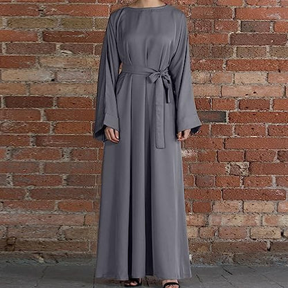 Ctreela Abaya Muslim Dresses for Women Girls Pockets Islamic Prayer Clothes with Tie Waist Ramadan Tarawih Sawm Outfits - color: Gray, size: X-Large