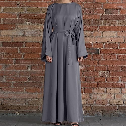 Ctreela Abaya Muslim Dresses for Women Girls Pockets Islamic Prayer Clothes with Tie Waist Ramadan Tarawih Sawm Outfits - color: Gray, size: X-Large