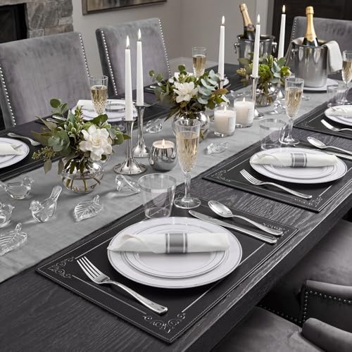 WDF Partyware 350Piece Silver Plastic Dinnerware Set for 50 Guests - Silver Plastic Plates with Cutlery Include:50Dinner Plates-50Dessert Plates-50Pre Rolled Napkins with Silverware Party Wedding - color: White and Silver, size: 350