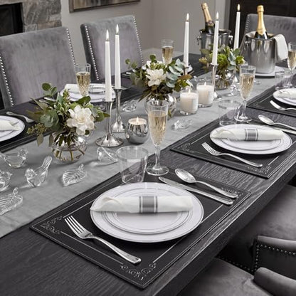 WDF Partyware 350Piece Silver Plastic Dinnerware Set for 50 Guests - Silver Plastic Plates with Cutlery Include:50Dinner Plates-50Dessert Plates-50Pre Rolled Napkins with Silverware Party Wedding - color: White and Silver, size: 350