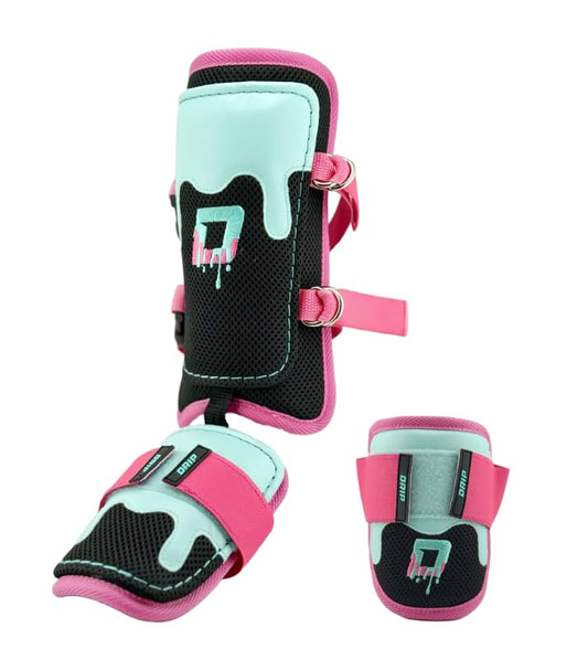 Youth Baseball Shin and Elbow Guard Set, Pink/Aqua/Black, Adjustable Straps, Lightweight, Breathable Mesh Lining - size: Youth Small/Medium