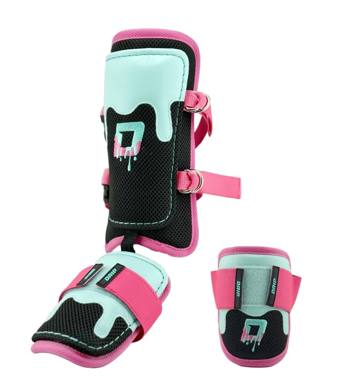 Youth Baseball Shin and Elbow Guard Set, Pink/Aqua/Black, Adjustable Straps, Lightweight, Breathable Mesh Lining - size: Youth Large/Extra Large