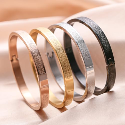 AYATUL KURSI Islamic Jewelry Bracelets Stainless Steel Openable Bangles Arabic Calligraphy Islamic Faith Gifts Messager Islamic Calligraphy Muslim Men Jewelry Bracelets Gift for Women - color: 1-Gold