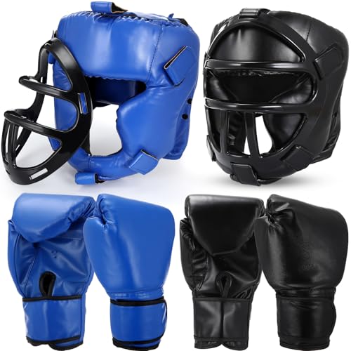 Arrowbash Set of 2 Boxing Headgear and Gloves for Adults 10oz Boxing Gloves Full Face Headgear Sparring Equipment for Martial Arts Muay Kickboxing Taekwondo Karate Training - color: Black & Blue, style: Classic