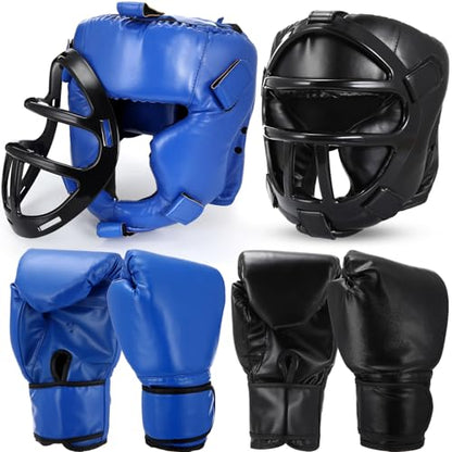 Arrowbash Set of 2 Boxing Headgear and Gloves for Adults 10oz Boxing Gloves Full Face Headgear Sparring Equipment for Martial Arts Muay Kickboxing Taekwondo Karate Training - color: Black & Blue, style: Classic
