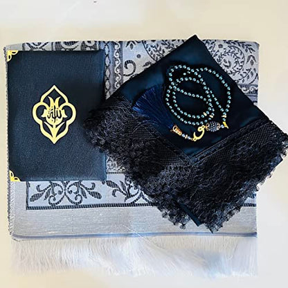 Muslim Prayer Rug, Yaseen Surah Pocket-Size Book, Fancy Shawl & Prayer Beads, Perfect Islamic Gift I Mawlid Gift I Suitable for Women, Kids I Soft Islamic Mat | Islamic Ramadan Eid Gifts (Blue) - color: Blue