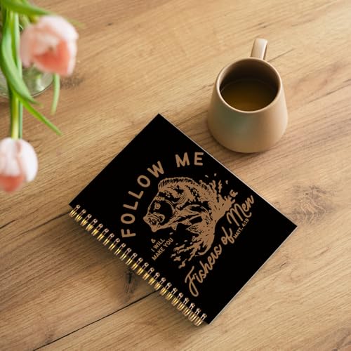 WUCHJ Black Retro Fish Christian Notebook,Black Boys Religious Notebook, Matthew 4:19 Bible Verse Journal, Religious Scripture Spiral Notebook Journal for Note Taking, Christian Faith Based Gifts for Women Men, 5.5x8.3 Inch - color: black and yellow follo