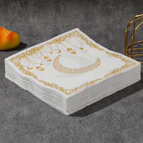 Eid Mubarak Ramadan Napkins Gold Stars Moon Eid Mubarak Disposable Paper Napkin, Arabic Design Themed Paper Napkins for Eids Al-Fitr Party Decorations