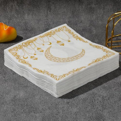 Eid Mubarak Ramadan Napkins Gold Stars Moon Eid Mubarak Disposable Paper Napkin, Arabic Design Themed Paper Napkins for Eids Al-Fitr Party Decorations