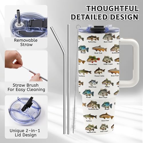 Fishing Coffee Mug, Fish Gifts for Dad, 40oz Tumbler, Fishing Gifts for Men with Handle and Straw, Christmas, Thanksgiving, Birthday Gifts for Fisherman, Party Supplies, Stainless Steel Cup - color: Fish-White