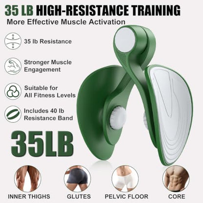 Pelvic Floor Exercise Device with 35 lb Resistance, Kegel and Inner Thigh Muscle Trainer, Home Workout Equipment for Postpartum Recovery, Women & Men, with Band - color: Dark Green