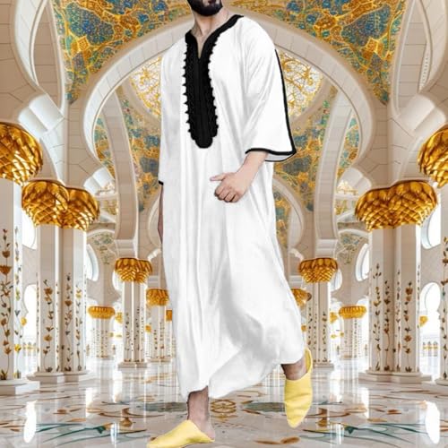 Muslim Robe for Men Arab Long Sleeve Kaftan Islamic Arabic Abaya Silk Thobe Ramadan Middle East Islamic Cloth Shirt Gown - color: #02-white, size: Medium