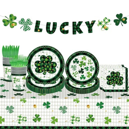 98PCS St Patrick's Day Party Supplies Green Irish Shamrock Tableware Set Lucky Shamrock Birthday Party Supplies St Patrick's Day Party Decorations Irish Shamrock Paper Plates and Napkins for 16 Guests - style: St. Patrick's Day