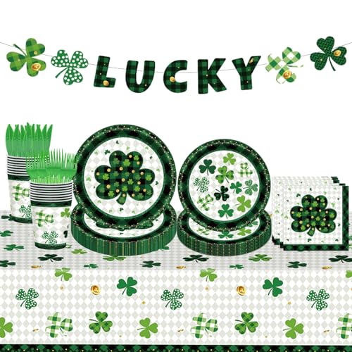 98PCS St Patrick's Day Party Supplies Green Irish Shamrock Tableware Set Lucky Shamrock Birthday Party Supplies St Patrick's Day Party Decorations Irish Shamrock Paper Plates and Napkins for 16 Guests - style: St. Patrick's Day