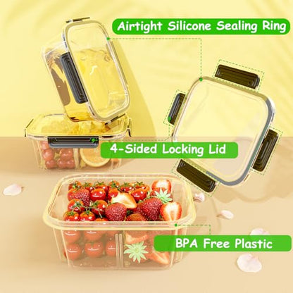 LOTKEY 5 Pack Fruit Storage Containers for Fridge, Divided Serving Tray with Lid and Handle Portable Snack Box Container BPA-Free Fridge Organizer Bins for Fruit, Veggie, Snack, Nuts