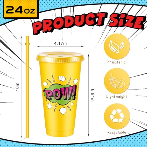 Chuangdi 12 Pcs Hero Cups 24 oz Plastic Reusable Tumblers with Lids and Straws Themed Drinking Cups for Birthday Decorations Party Favors Supplies Gifts - style: Hero