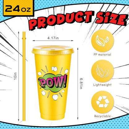 Chuangdi 12 Pcs Hero Cups 24 oz Plastic Reusable Tumblers with Lids and Straws Themed Drinking Cups for Birthday Decorations Party Favors Supplies Gifts - style: Hero