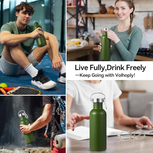 Volhoply 32oz Uninsulated Single Walled Water Bottle, Stainless Steel Sports Water Bottles with Handle, BPA Free Lightweight Water Bottles for Hiking, Biking, Running（Army Green,1） - color: Army Green