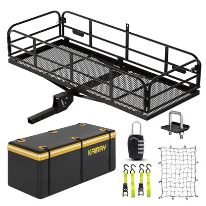 KAIRAY 500 Lbs Heavy Duty Hitch Mount Cargo Carrier 60"x24"x14.4" Folding Rear Luggage Rack Basket Fits 2" Receiver for Car SUV Camping Traveling with Stablizer Waterproof Bag Net Ratchet Straps Lock - color: Black, size: Cargo Bag + Hitch Cargo Basket -
