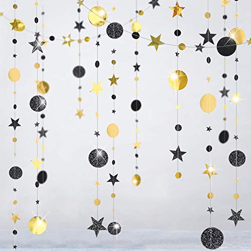 Cheerland Black and Gold Party Decorations Star Garlands Gold Black Birthday Decorations Hanging Star Streamers Graduation Decor NYE New Year Eid Ramadan Galaxy Starry Night Party Supplies - color: Gold Black