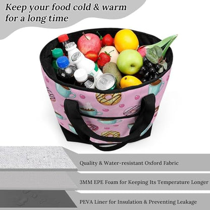 SWEET TANG Soft Cooler Bag, Large Reusable Insulated Grocery Bag with Zipper Top, Travel Tote for Hot or Cold Food (Coffee Donuts Pink) - color: Pattern 85