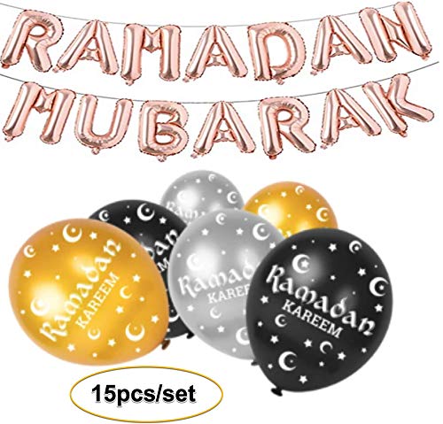 Ramadan Kareem Eid Mubarak Decoration Bunting Aluminum Foil Balloon and Latex Balloons Islamic Muslim Balloons Party Black, Gold & Silver Aluminum Foil 16" | Latex 12" Each (Rose Gold+15pcs)