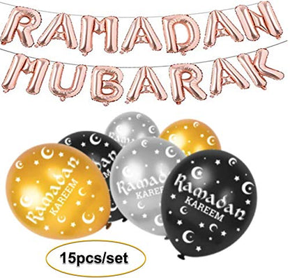 Ramadan Kareem Eid Mubarak Decoration Bunting Aluminum Foil Balloon and Latex Balloons Islamic Muslim Balloons Party Black, Gold & Silver Aluminum Foil 16" | Latex 12" Each (Rose Gold+15pcs)
