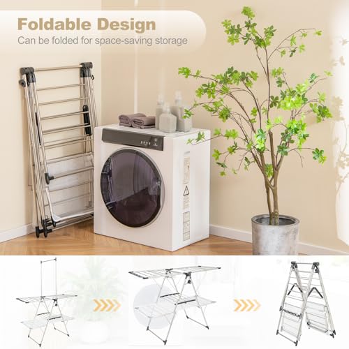 Tangkula Foldable Clothes Drying Rack, 2-Tier Laundry Drying Rack w/Tall Hanging Bar, Height Adjustable Gullwing, Freestanding Garment Stand for Indoor Outdoor Use - size: 54" x 25" x 72"