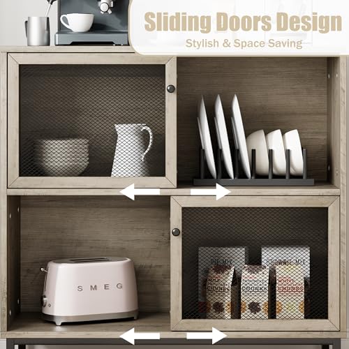 IDEALHOUSE Coffee Bar Cabinet, Farmhouse Sideboard Buffet Cabinet with Storage, Wine Liquor Bar Cabinet with Metal Sliding Door, Wood Accent Cabinet for Kitchen, Dining Room, Living Room, Grey