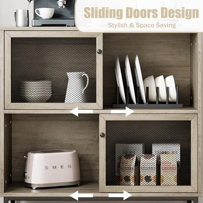 IDEALHOUSE Coffee Bar Cabinet, Farmhouse Sideboard Buffet Cabinet with Storage, Wine Liquor Bar Cabinet with Metal Sliding Door, Wood Accent Cabinet for Kitchen, Dining Room, Living Room, Grey