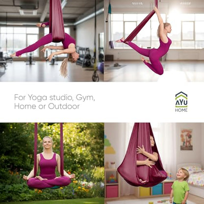 AyuHome Aerial Silks Kit for Home - Premium Yoga Swing for Adults with 660 lbs Capacity - Versatile Aerial Yoga Hammock for Gymnastics Training - color: Aerial silk - Wine Red - New
