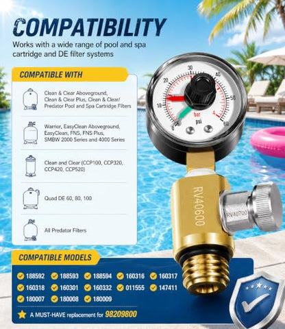 98209800 High Flow Manual Relief Valve/Air Relief Manual Valve Assembly with Pressure Gauge, Replacement for Pool and Spa Filter (RV40600 (98209800 brass)) - style: RV40600 (98209800 brass)