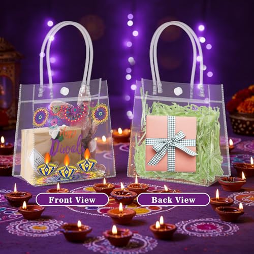 Aliceset 24 Pcs Happy Diwali Clear PVC Gift Bags with Handle, Clear PVC Diwali Goodie Bags Reusable Party Favor Bag for Indian Deepavali Party Supplies(tea Light, 6.31"x 5.91"x 3.15") - style: Tea Light