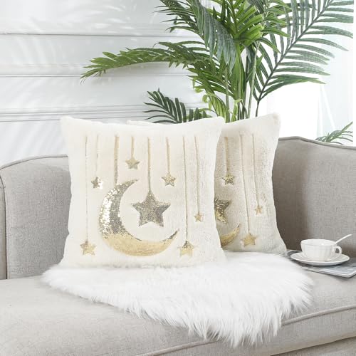 Holibeat Sequin Throw Pillow Covers 18x18 inches Fluffy Ramadan Decoration Pillowcases (Pack of 2) (7stars) - color: 7stars