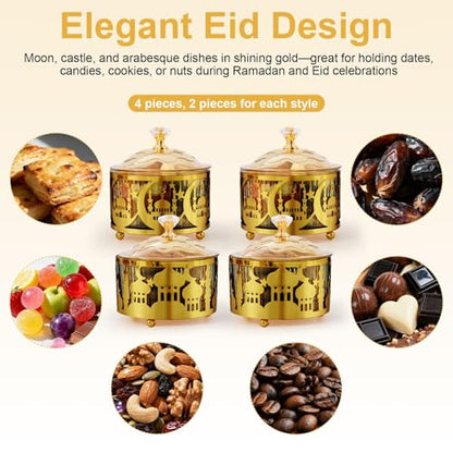 4 Pcs Eid Mubarak Plates with Lids, Metal Gold Moon Castle Ramadan Serving Tray, Middle Eastern Food Storage Container for Cookie Candy Pastry Dessert, Ramadan Decorations Table Display Set - style: Round