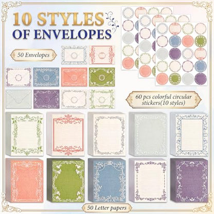 TaoBary 160 Pcs Stationery Paper Set 50 Double Sided Stationery Papers with 50 Matching Envelopes and 60 Round Dot Sticker, 10 design(vintage Lace Frame, 5.5 x 8.25 Inch) - size: 8.25 x 5.5 Inch, style: Vintage Lace Frame