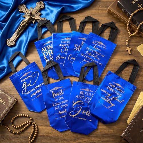 Aliceset 64 Pcs Christian Gift Bags Bulk with Handles for Church Favors Reusable Medium Bible Verse Religious Gift Bags Non Woven Welcome Totes for Baptism Vacation Bible School Gifts (Blue) - color: Blue