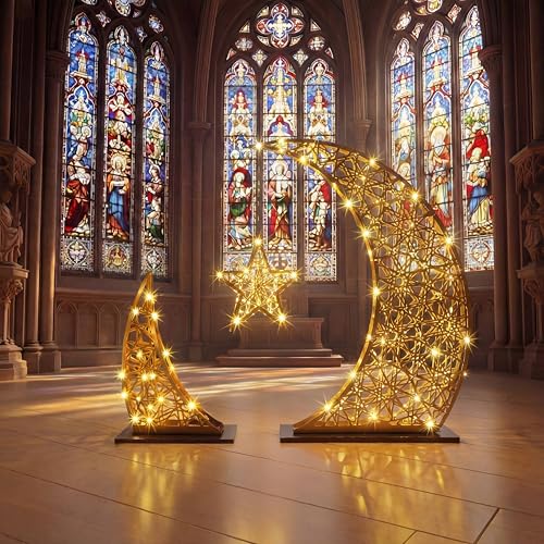 Tujoe Iron Ramadan Crescent Moon and LED Star Light Stand Metal Eid Mubarak Decorations for Home Eid Light Islamic Muslims Ramadan Gifts for Women Mubarak Crafts Centerpiece for Holiday Romantic Party