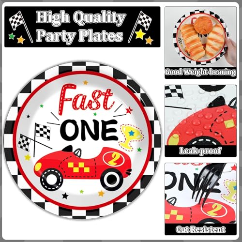 Fast One Birthday Decorations for Boys Racing Car 1st Birthday Party Supplies Fast One Plates Napkins Forks Checked Race Car Disposable Paper Plates Tableware Set for Kids Favors Serve 25 - style: Fast One