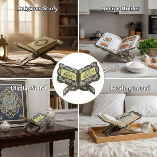Wooden Foldable Book Holder, Adjustable Hand Carved Stand for Quran Bible, Islamic Muslim Prayer Book Holder, Ramadan Eid Party Ornament Display Rack - color: Black